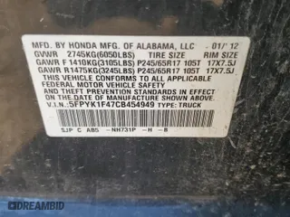 2012 Honda Ridgeline RTS with VIN 5FPYK1F47CB454949, listed as a Copart auction lot 76261464 with 75,917 mi miles and Clean Title. Bid and sale history available at carsss.com. Image 12.