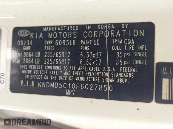 2015 Kia Sedona LX with VIN KNDMB5C10F6027850, listed as a IAAI auction lot 42010344 with 127,019 mi miles. Bid and sale history available at carsss.com. Image 9.