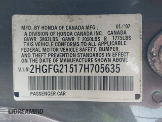 2007 Honda Civic Si z VIN 2HGFG21517H705635, wystawiony jako IAAI lot #42379678 z przebiegiem 231 174 mil mil oraz . Historia ofert i sprzedaży dostępna na DreamBid. Obrazek 9.