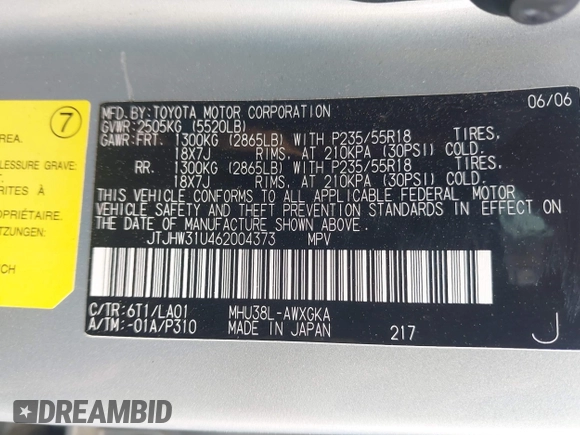 2006 Lexus RX 400h with VIN JTJHW31U462004373, listed as a IAAI auction lot 42081583 with 294,827 mi miles and . Bid and sale history available at DreamBid. Image 9.