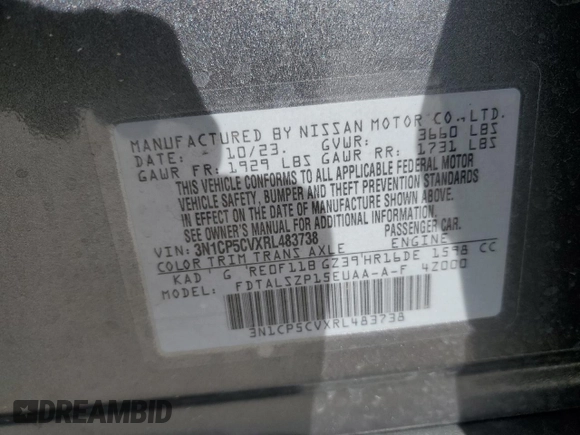 2024 Nissan Kicks SV with VIN 3N1CP5CVXRL483738, listed as a Copart auction lot 49792465 with 20,342 mi miles and Salvage Title. Bid and sale history available at carsss.com. Image 12.