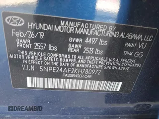 2019 Hyundai Sonata SE with VIN 5NPE24AF2KH780972, listed as a IAAI auction lot 42149730 with 52,527 mi miles and . Bid and sale history available at DreamBid. Image 9.