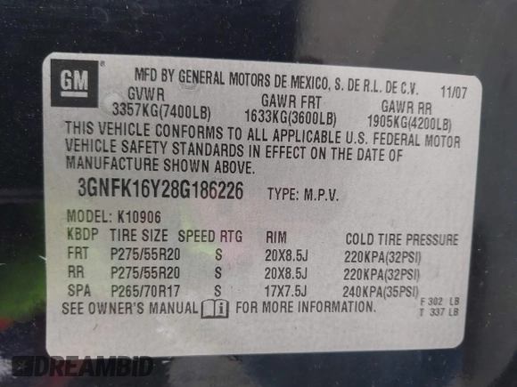 2008 Chevrolet Suburban LTZ z VIN 3GNFK16Y28G186226, wystawiony jako IAAI lot #42460005 z przebiegiem 218 041 mil mil oraz . Historia ofert i sprzedaży dostępna na DreamBid. Obrazek 9.