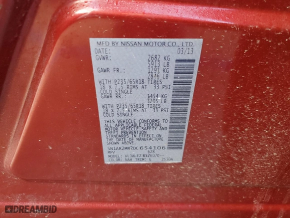 2013 Nissan Pathfinder S with VIN 5N1AR2MN2DC654106, listed as a Copart auction lot 84471784 with 108,151 mi miles and Salvage Title. Bid and sale history available at carsss.com. Image 13.
