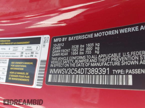 2013 MINI Hardtop S with VIN WMWSV3C54DT389391, listed as a IAAI auction lot 42141136 with 72,100 mi miles and . Bid and sale history available at DreamBid. Image 9.