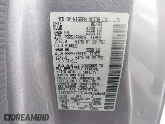 2003 Nissan Frontier XE with VIN 1N6DD26T13C448668, listed as a IAAI auction lot 42486738 with 188,414 mi miles and . Bid and sale history available at DreamBid. Image 9.