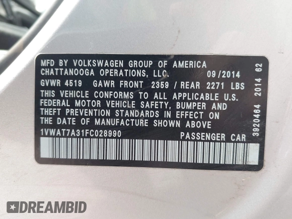 2015 Volkswagen Passat 1.8T Wolfsburg Ed with VIN 1VWAT7A31FC028990, listed as a IAAI auction lot 41778229 with 73,553 mi miles. Bid and sale history available at carsss.com. Image 9.