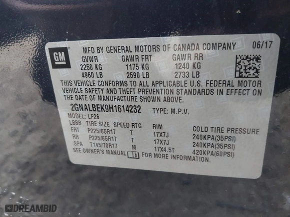 2017 Chevrolet Equinox LS with VIN 2GNALBEK9H1614232, listed as a IAAI auction lot 41277439 with 48,953 mi miles. Bid and sale history available at carsss.com. Image 9.