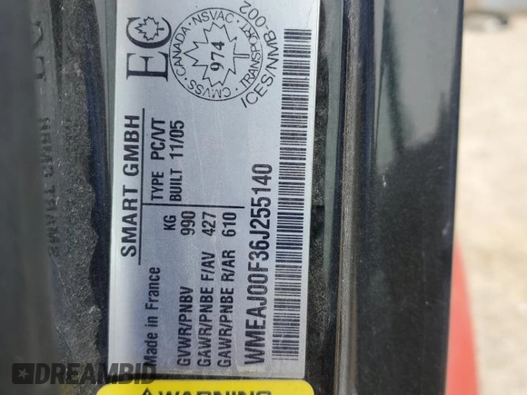 2006 Smart fortwo z VIN WMEAJ00F36J255140, wystawiony jako Copart lot #52120555 z przebiegiem Nie podano mil oraz Tytuł czysty. Historia ofert i sprzedaży dostępna na DreamBid. Obrazek 12.