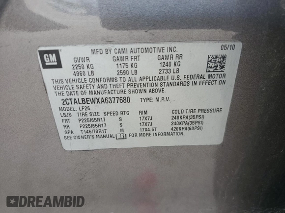 2010 GMC Terrain SLE-1 with VIN 2CTALBEWXA6377680, listed as a Copart auction lot 62864865 with Not provided miles and Clean title. Bid and sale history available at DreamBid. Image 13.