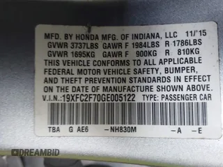 2016 Honda Civic Sedan EX with VIN 19XFC2F70GE005122, listed as a IAAI auction lot 41958869 with 110,903 mi miles. Bid and sale history available at carsss.com. Image 9.