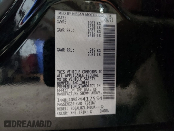 2023 Nissan Altima SV с VIN 1N4BL4DV8PN412554, выставлен на аукционе Copart как лот 53924945 с пробегом Не указан миль и Чистый • Clean title. История ставок и продаж доступна на DreamBid. Изображение 12.