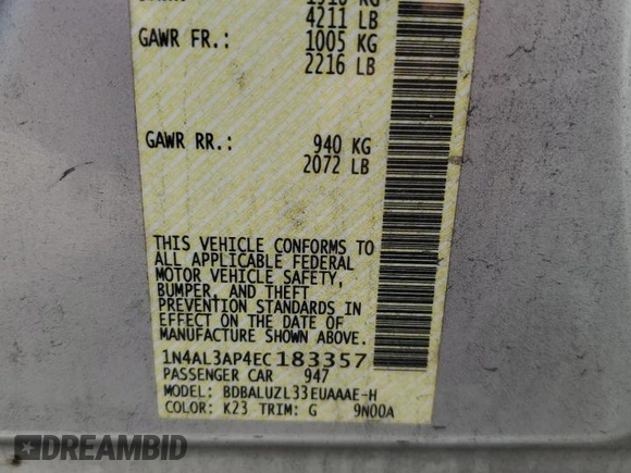 2014 Nissan Altima SV with VIN 1N4AL3AP4EC183357, listed as a Copart auction lot 56370165 with 260,743 mi miles and Salvage Title. Bid and sale history available at DreamBid. Image 12.
