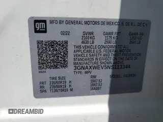 2022 Chevrolet Equinox RS with VIN 3GNAXWEV5NS113344, listed as a Copart auction lot 54117825 with 37,261 mi miles and Salvage title. Bid and sale history available at DreamBid. Image 13.