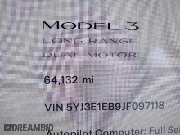 2018 Tesla Model 3 Long Range Battery with VIN 5YJ3E1EB9JF097118, listed as a IAAI auction lot 41619510 with 64,132 mi miles and . Bid and sale history available at DreamBid. Image 16.