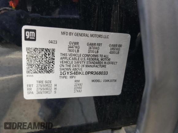 2023 Cadillac Escalade 4WD Premium Luxury with VIN 1GYS4BKL0PR368033, listed as a Copart auction lot 45036955 with 45,768 mi miles and Clean title. Bid and sale history available at DreamBid. Image 14.