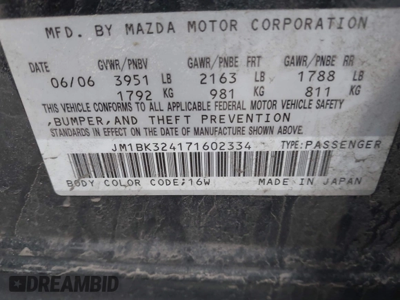 2007 Mazda 3 S Touring with VIN JM1BK324171602334, listed as a IAAI auction lot 41758655 with 110,226 mi miles and . Bid and sale history available at DreamBid. Image 9.