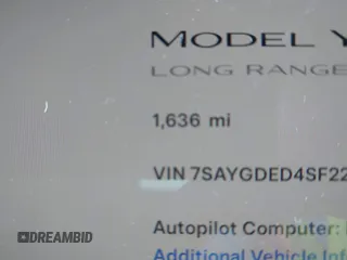 2025 Tesla Model Y Long Range with VIN 7SAYGDED4SF226776, listed as a IAAI auction lot 41514317 with 1,636 mi miles and . Bid and sale history available at DreamBid. Image 7.
