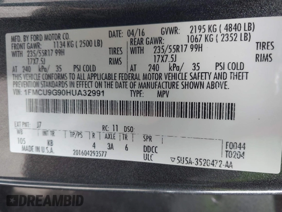 2017 Ford Escape SE with VIN 1FMCU9G90HUA32991, listed as a IAAI auction lot 41947411 with 118,654 mi miles. Bid and sale history available at carsss.com. Image 9.