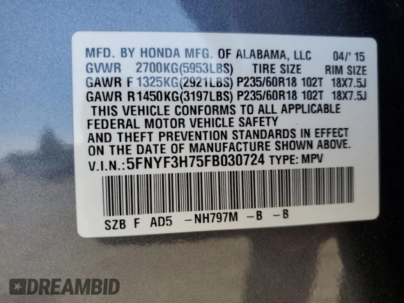 2015 Honda Pilot EX-L with VIN 5FNYF3H75FB030724, listed as a Copart auction lot 57457575 with 142,613 mi miles and Salvage title. Bid and sale history available at DreamBid. Image 14.