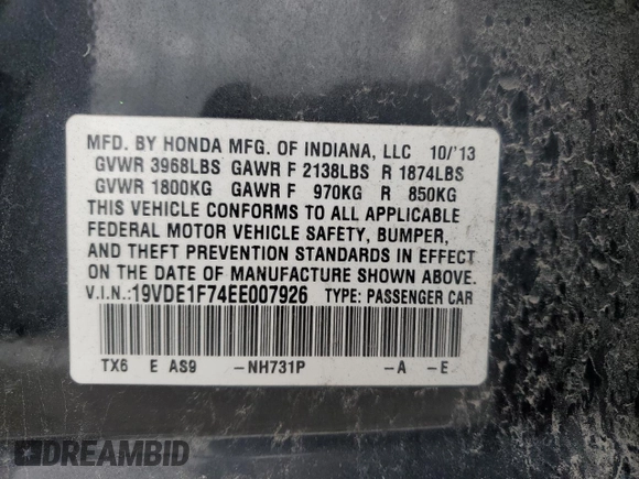 2014 Acura ILX Technology with VIN 19VDE1F74EE007926, listed as a Copart auction lot 51280615 with 151,309 mi miles and Salvage title. Bid and sale history available at DreamBid. Image 12.