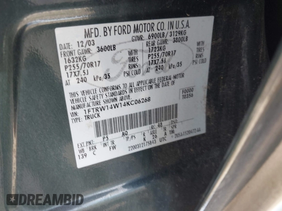2004 Ford F-150 XLT with VIN 1FTRW14W14KC06268, listed as a IAAI auction lot 42444789 with 408,530 mi miles and . Bid and sale history available at DreamBid. Image 9.