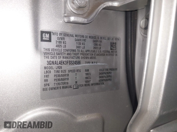 2015 Chevrolet Captiva Sport LTZ with VIN 3GNAL4EK3FS524586, listed as a IAAI auction lot 41859537 with 108,259 mi miles and . Bid and sale history available at DreamBid. Image 9.