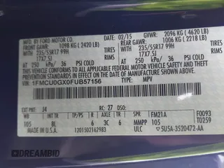 2015 Ford Escape SE with VIN 1FMCU0GX0FUB57156, listed as a IAAI auction lot 42201926 with Not Provided miles. Bid and sale history available at carsss.com. Image 9.