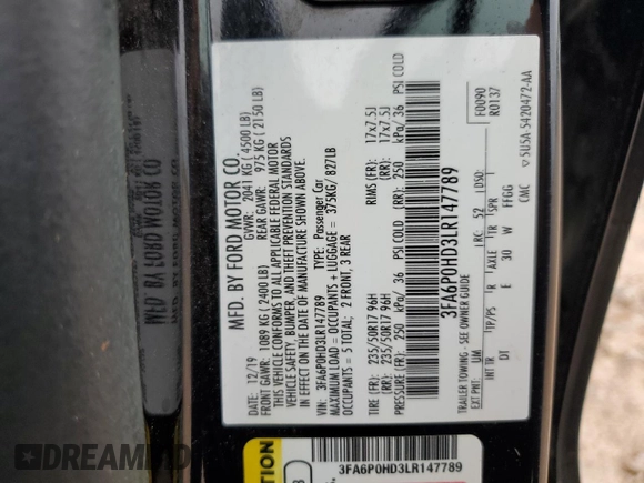 2020 Ford Fusion SE z VIN 3FA6P0HD3LR147789, wystawiony jako Copart lot #58571965 z przebiegiem 79 784 mil mil oraz Szkoda całkowita • Salvage title. Historia ofert i sprzedaży dostępna na DreamBid. Obrazek 12.
