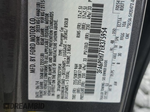 2014 Ford Fusion SE with VIN 3FA6P0H77ER375954, listed as a Copart auction lot 50797545 with 105,039 mi miles and Salvage Title. Bid and sale history available at carsss.com. Image 13.
