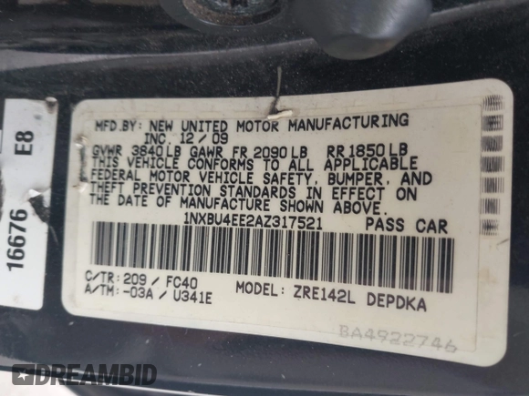 2010 Toyota Corolla z VIN 1NXBU4EE2AZ317521, wystawiony jako IAAI lot #42507177 z przebiegiem 212 466 mil mil oraz . Historia ofert i sprzedaży dostępna na DreamBid. Obrazek 9.