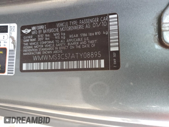 2010 MINI Convertible S with VIN WMWMS3C57ATY08895, listed as a Copart auction lot 41870075 with 101,573 mi miles and Clean title. Bid and sale history available at DreamBid. Image 13.