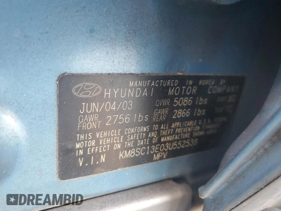 2003 Hyundai Santa Fe GLS with VIN KM8SC13E03U552538, listed as a Copart auction lot 88900865 with 250,847 mi miles and Salvage Title. Bid and sale history available at carsss.com. Image 13.
