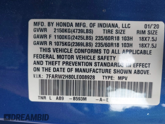 2020 Honda CR-V EX-L with VIN 7FARW2H80LE008928, listed as a IAAI auction lot 42457715 with 70,718 mi miles and . Bid and sale history available at DreamBid. Image 9.