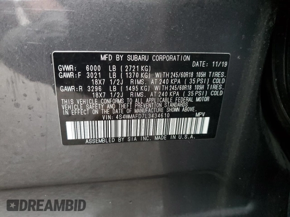 2020 Subaru Ascent Premium с VIN 4S4WMAFD7L3434610, выставлен на аукционе Copart как лот 51544885 с пробегом 57 873 миль миль и Списание • Salvage title. История ставок и продаж доступна на DreamBid. Изображение 15.