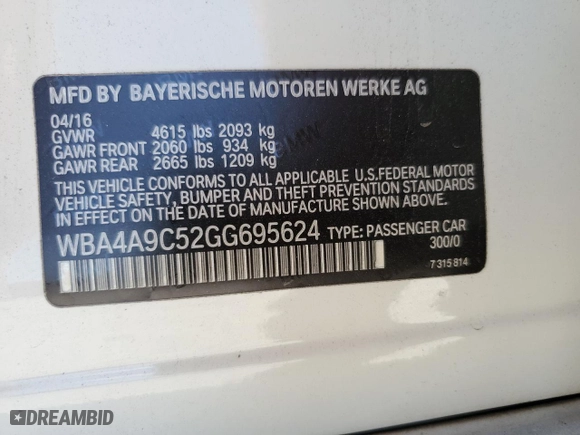 2016 BMW 4 Series 428i with VIN WBA4A9C52GG695624, listed as a Copart auction lot 52775615 with 94,123 mi miles and Clean Title. Bid and sale history available at carsss.com. Image 12.