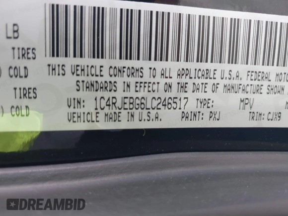 2020 Jeep Grand Cherokee Limited with VIN 1C4RJEBG6LC246517, listed as a IAAI auction lot 41902055 with 66,618 mi miles. Bid and sale history available at carsss.com. Image 9.