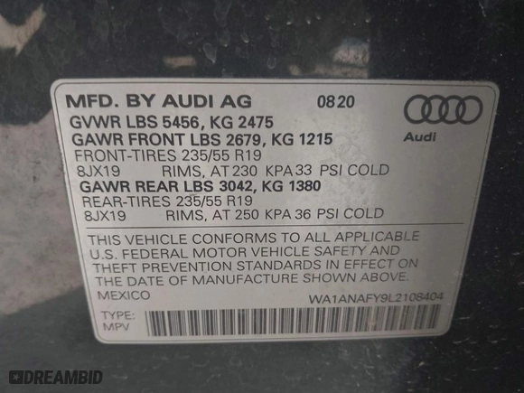 2020 Audi Q5 Premium with VIN WA1ANAFY9L2108404, listed as a IAAI auction lot 41475006 with 80,131 mi miles. Bid and sale history available at carsss.com. Image 9.