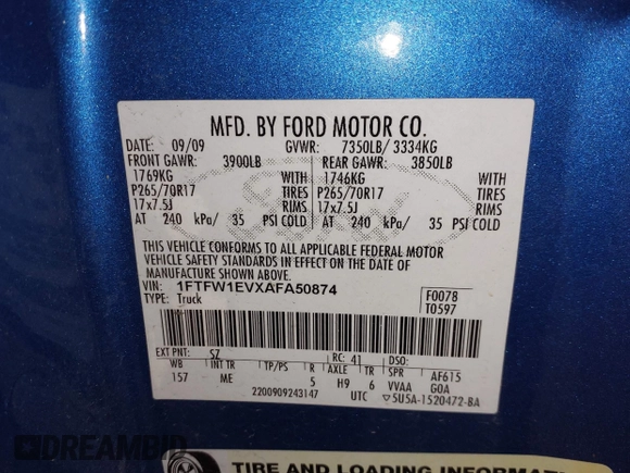 2010 Ford F-150 XL с VIN 1FTFW1EVXAFA50874, выставлен на аукционе IAAI как лот 41959869 с пробегом 186 623 миль миль и . История ставок и продаж доступна на DreamBid. Изображение 9.