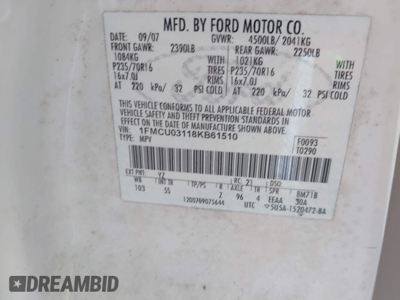 2008 Ford Escape XLT с VIN 1FMCU03118KB61510, выставлен на аукционе IAAI как лот 42626112 с пробегом 185 662 миль миль и . История ставок и продаж доступна на DreamBid. Изображение 9.