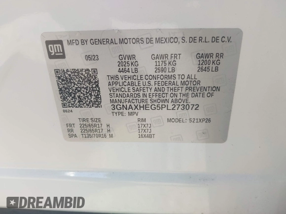 2023 Chevrolet Equinox LS z VIN 3GNAXHEG5PL273072, wystawiony jako IAAI lot #42057747 z przebiegiem 61 676 mil mil oraz . Historia ofert i sprzedaży dostępna na DreamBid. Obrazek 9.