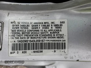 2003 Honda Civic LX with VIN 1HGEM21543L059167, listed as a Copart auction lot 65871424 with 176,835 mi miles and Salvage Title. Bid and sale history available at DreamBid. Image 13.