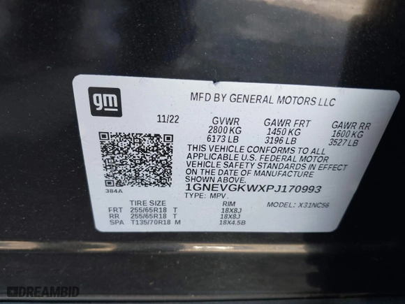 2023 Chevrolet Traverse LT Cloth with VIN 1GNEVGKWXPJ170993, listed as a IAAI auction lot 41532217 with 33,596 mi miles. Bid and sale history available at carsss.com. Image 9.