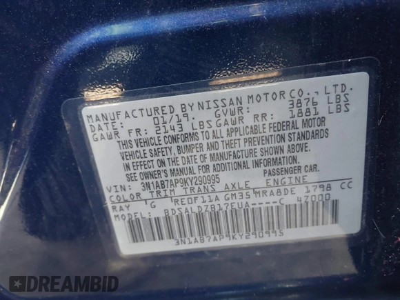 2019 Nissan Sentra SV with VIN 3N1AB7AP9KY290995, listed as a IAAI auction lot 41732723 with 80,305 mi miles and . Bid and sale history available at DreamBid. Image 9.