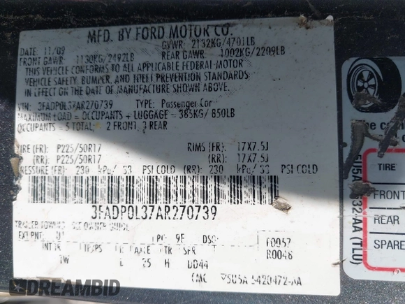 2010 Ford Fusion Hybrid with VIN 3FADP0L37AR270739, listed as a IAAI auction lot 42143035 with 238,111 mi miles. Bid and sale history available at carsss.com. Image 9.
