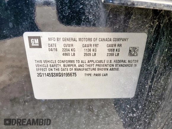 2016 Chevrolet Impala LTZ with VIN 2G1145S3XG9195675, listed as a Copart auction lot 61159675 with 110,183 mi miles and Salvage title. Bid and sale history available at DreamBid. Image 12.