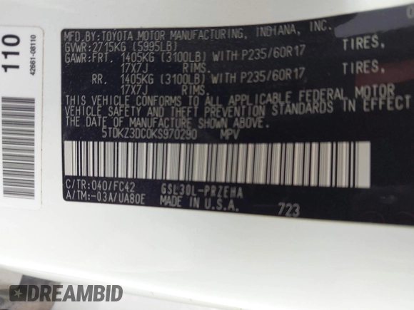 2019 Toyota Sienna LE Auto Access Seat with VIN 5TDKZ3DC0KS970290, listed as a IAAI auction lot 41350933 with 81,473 mi miles and . Bid and sale history available at DreamBid. Image 9.