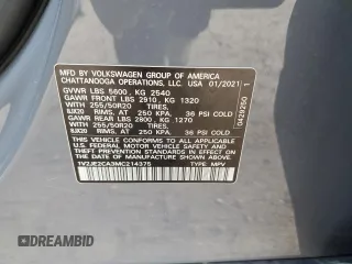 2021 Volkswagen Atlas SE z VIN 1V2JE2CA3MC214375, wystawiony jako Copart lot #54017365 z przebiegiem 34 730 mil mil oraz Szkoda całkowita • Salvage title. Historia ofert i sprzedaży dostępna na DreamBid. Obrazek 13.