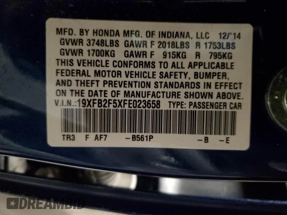 2015 Honda Civic Sedan LX with VIN 19XFB2F5XFE023658, listed as a Copart auction lot 46067005 with 103,221 mi miles and Salvage Title. Bid and sale history available at carsss.com. Image 14.