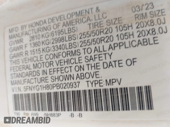 2023 Honda Pilot Elite with VIN 5FNYG1H80PB020937, listed as a IAAI auction lot 42024743 with 20,740 mi miles and . Bid and sale history available at DreamBid. Image 9.